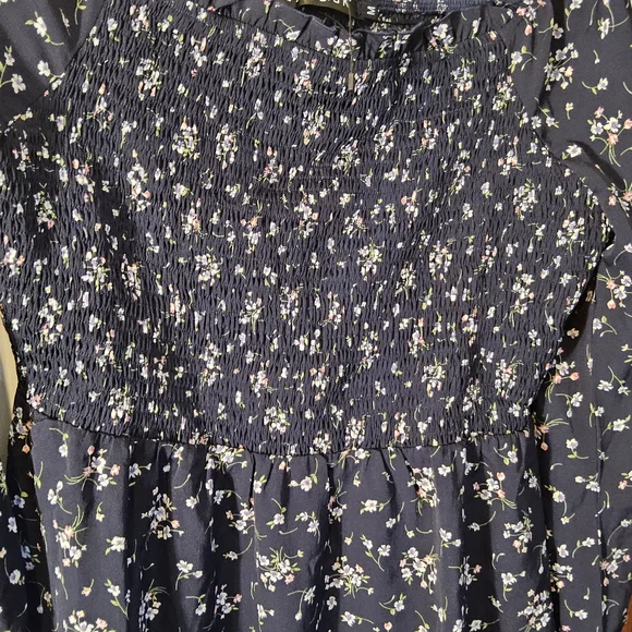 NWOT Size Medium Allegra K Navy Floral Long Sleeve Smocked Mini Dress - Picture 6 of 7